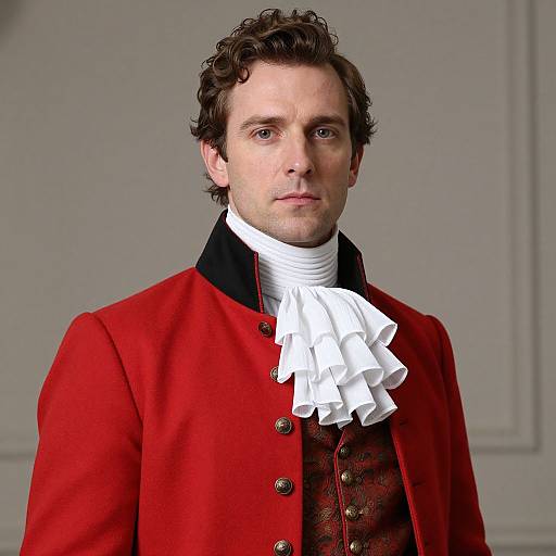 Photograph of a white man with curly brown hair, wearing a red jacket, white ruffled shirt, and black vest, set against a plain gray