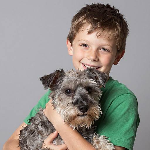 Joyful Boy Holding Shaggy Gray Dog