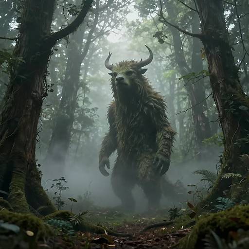 Digital fantasy artwork of a towering, furry, horned creature standing in a misty, dense forest with tall trees and fog.