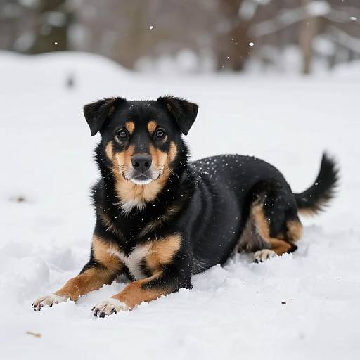 Photograph of a black and tan Bernese Mountain Dog lying in the snow, looking directly at the camera, with snowflakes falling around.