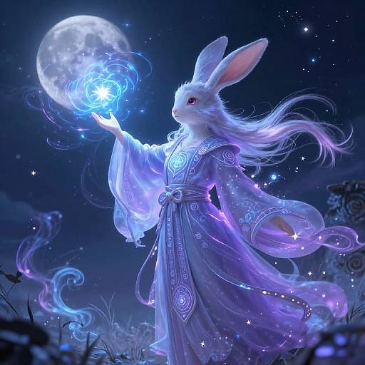 Digital fantasy artwork of a white rabbit in a flowing, glowing blue robe, conjuring a magical blue orb under a moonlit sky.