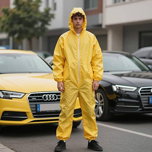 Man in Yellow Coverall Standing by Audi Cars