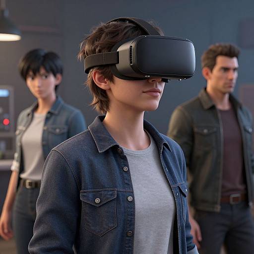 Photograph of a young woman with short black hair wearing a virtual reality headset, denim shirt, and gray tee, standing in a dimly lit room
