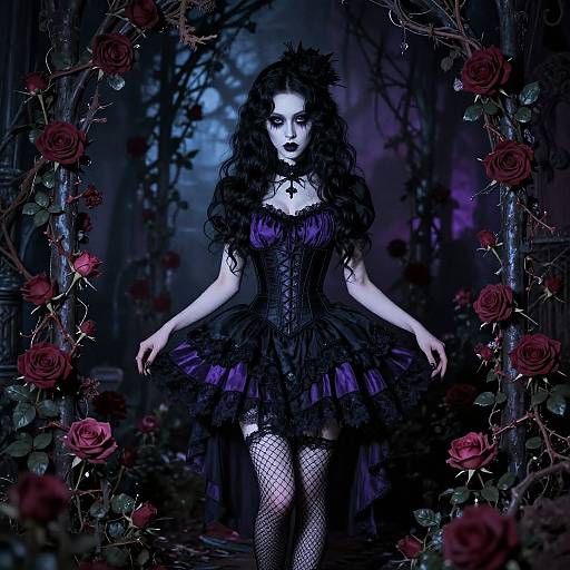 Gothic-themed digital artwork of a pale woman with dark curly hair, wearing a black lace corset, purple dress, fishnet stockings, surrounded