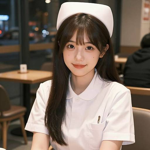 Photograph of a young Asian woman with long black hair, wearing a white nurse uniform and cap, smiling in a dimly lit restaurant.