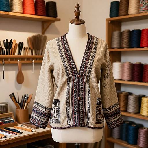Photograph of a handmade, cream-colored knitted cardigan with purple and black geometric patterns, displayed on a wooden mannequin in a cozy yarn