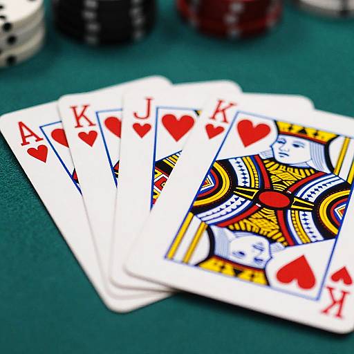 Photograph of five Ace of Hearts playing cards fanned out on a green poker table, with blurred poker chips in background.