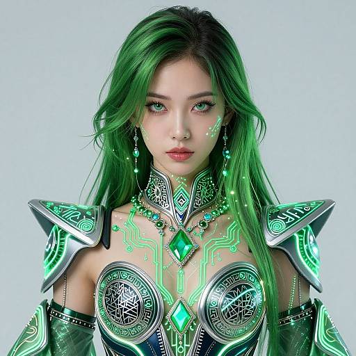 Digital artwork of an ethereal, green-haired woman with glowing green cybernetic armor, intricate neon patterns, and a diamond-shaped gem on her chest