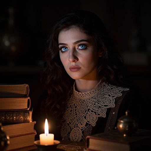 Photograph of a dark-haired woman with blue eyes, wearing a lace-patterned black dress, illuminated by a candlelight, surrounded by stacked books in