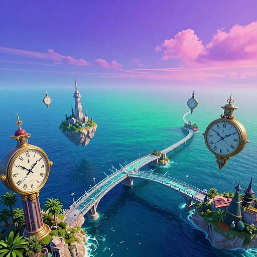 Fantastical aerial view of a vibrant, clock-themed island bridge over a turquoise ocean, surrounded by floating islands and pink clouds. Digital art.