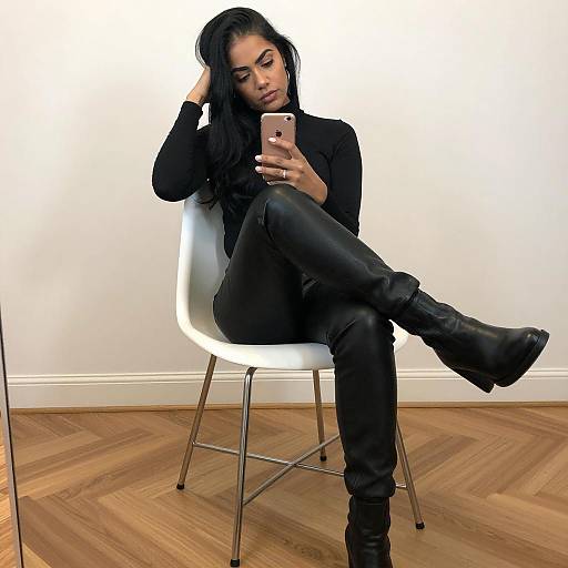 Woman in Black Leather Pants Sitting on White Chair