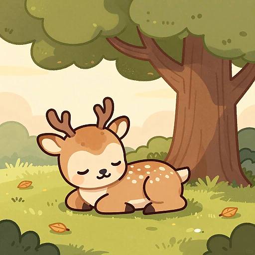 Cozy Baby Deer Under Oak Tree