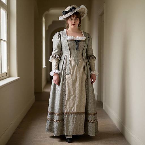 Photograph of a woman in a Victorian-style, long, gray, checkered dress with lace trim, black hat, standing in a dimly lit