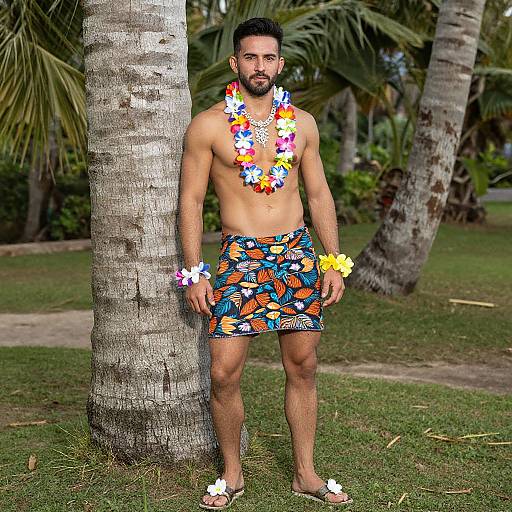 Photograph of a muscular, bearded man with tan skin, wearing a colorful floral lei, matching skirt, and flower wristbands, standing by a