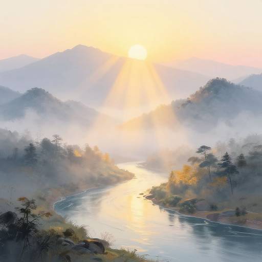 Photograph of a misty sunrise over a serene river winding through mountainous landscape, with sunlight reflecting off the water, surrounded by trees and fog.