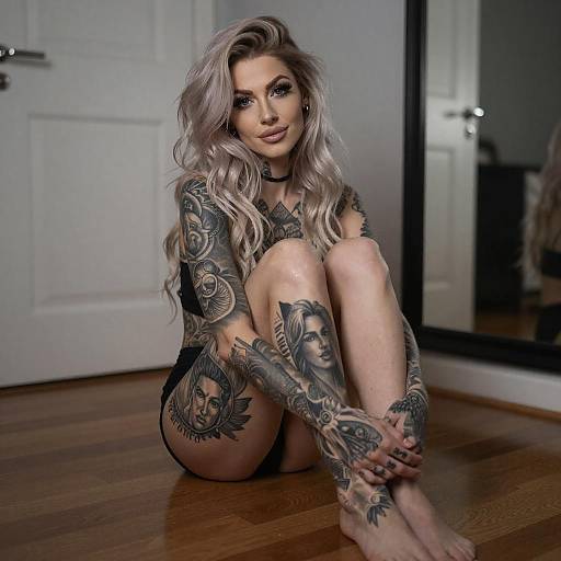 Tattooed Blonde Woman on Wooden Floor