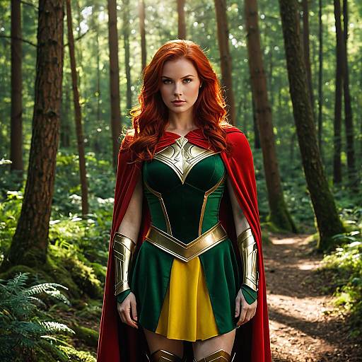 Redheaded Woman in Superhero Costume in Forest