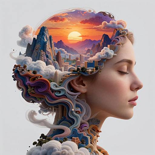 Digital surreal artwork of a serene woman with closed eyes, her head filled with colorful, swirling clouds and a vibrant sunset cityscape. Mountains and skyscrap