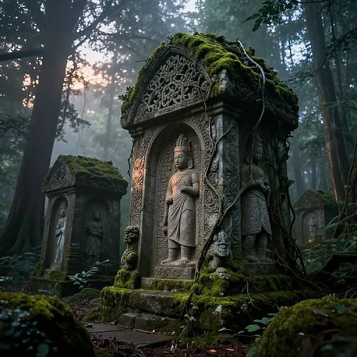 Photograph of an ancient, moss-covered stone tomb with intricate carvings, featuring a standing statue of a robed figure in a misty forest
