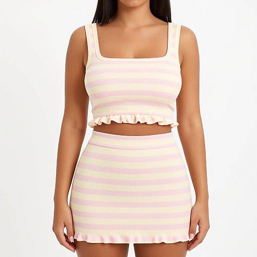 Photograph of a woman with long black hair, wearing a white ribbed crop top and matching ruffled mini skirt, against a plain white background.