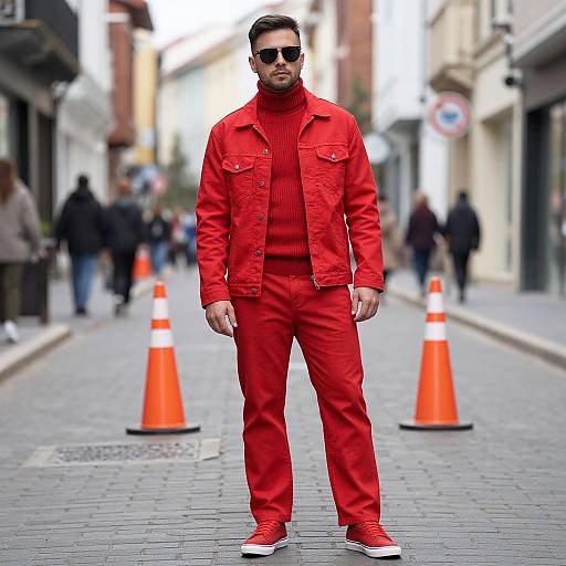 Photograph of a man in a bright red jacket, pants, turtleneck, and sneakers, standing on a cobblestone street with orange traffic