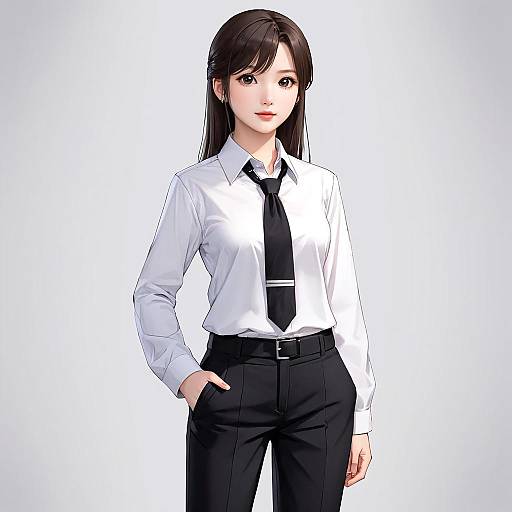 Digital anime-style illustration of a young Asian woman with long black hair, wearing a white shirt, black tie, and black pants, standing against a white