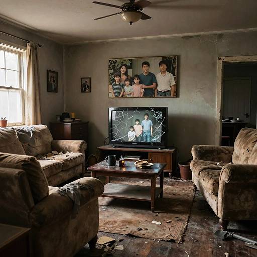 Photograph of a dimly lit, worn living room with beige sofas, a wooden coffee table, TV displaying a family photo, and a ceiling fan
