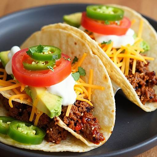 Photograph of two beef tacos with shredded cheese, avocado, tomato slices, jalapeño rings, and cilantro on a black plate.
