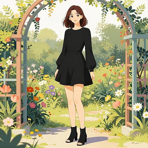 Anime-style digital drawing of a brown-haired woman in a black dress and ankle boots, standing in a vibrant, flower-filled garden archway.
