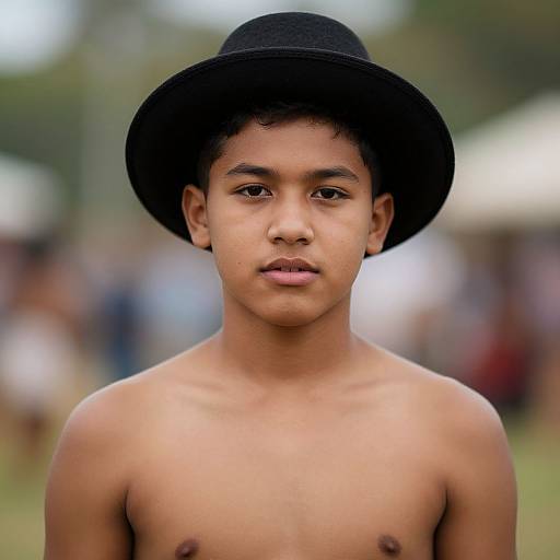 Photograph of a young, shirtless boy with medium-brown skin and short black hair, wearing a black hat, standing in a blurred outdoor setting