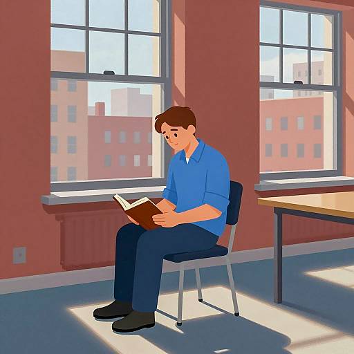 Man Reading a Book in Sunlit Room