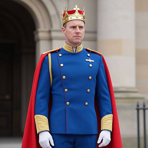Photograph of a stern-looking, white male monarch in royal blue military uniform with gold trim, red cape, gold crown, and white gloves, standing