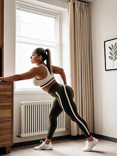 Dynamic Fitness Pose in Modern Apartment