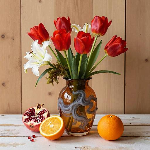 Amber Glass Vase with Floral Fruits