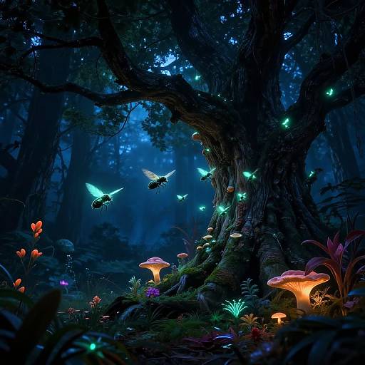 Enchanting digital artwork of a dark forest with glowing blue butterflies, bioluminescent mushrooms, and vividly lit flowers around a large, twisted