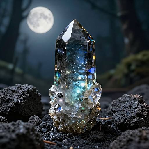 Photograph of a glowing, multicolored crystal on dark volcanic rock under a bright full moon in a misty forest.