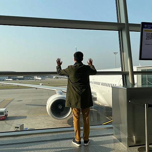 Man Standing by Airport Window Looking at Airplane