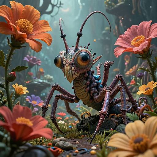 Digital artwork of a hyper-realistic, detailed insect with large, shiny eyes and intricate body, surrounded by vibrant, colorful flowers in a lush, mystical