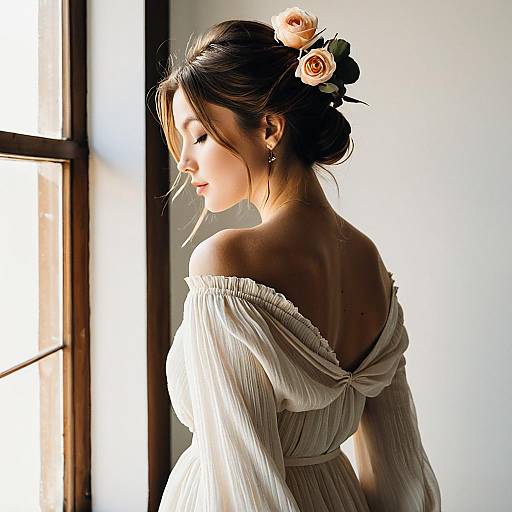 Bohemian Woman in Ivory Chiffon Dress with Roses