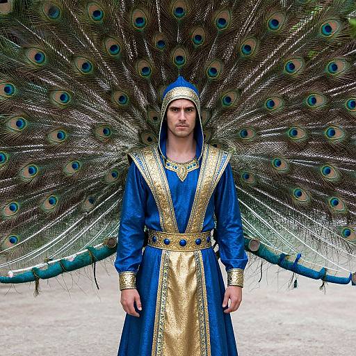 Photograph of a young man with fair skin, wearing a blue and gold traditional outfit, standing in front of an expansive peacock fan displaying vibrant ir