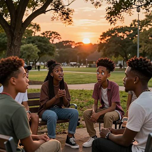Photograph of five Black teenagers sitting on benches in a park at sunset, engaging in conversation with expressive, animated expressions.