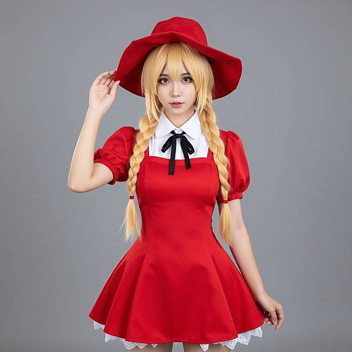 Photograph of a blonde woman in a red dress with white collar, black ribbon, red hat, and braided hair, against a gray background.