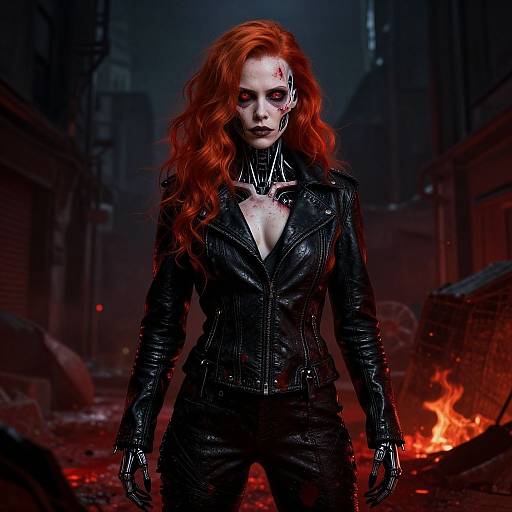 Photograph of a fierce red-haired woman with pale skin, wearing a black leather jacket and choker, standing in a dark, fiery, ruined alley