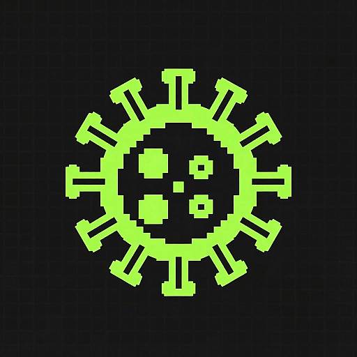 Pixel art of a neon green, sun-like virus symbol with radial spikes and a small, pixelated face on a black background.