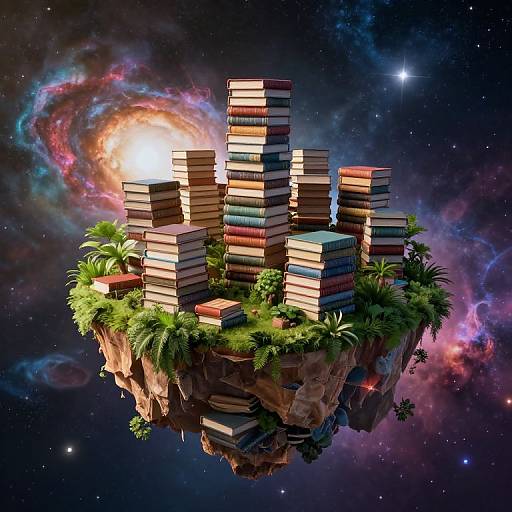 Digital artwork of a floating island of stacked books, surrounded by lush greenery, in a vibrant, colorful galaxy with swirling nebulae and stars.