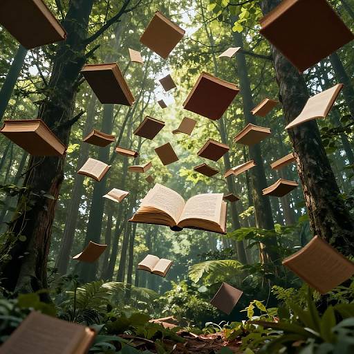 Photograph of a sunlit forest with open, floating wooden books suspended among tall trees and lush green foliage, creating a magical, whimsical atmosphere.