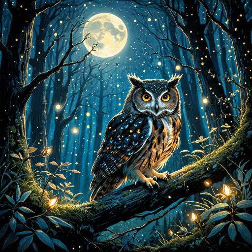 Owl in Moonlit Forest with Fireflies