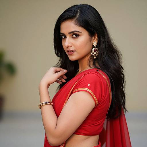 Photograph of a beautiful Indian woman with long black hair, wearing a red saree, gold earrings, and bracelet, looking over her shoulder with a