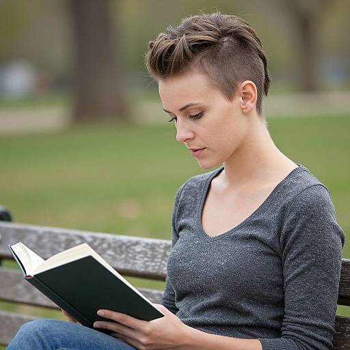Photograph of a young woman with short, undercut brown hair, wearing a gray long-sleeve top, sitting on a wooden bench, reading a
