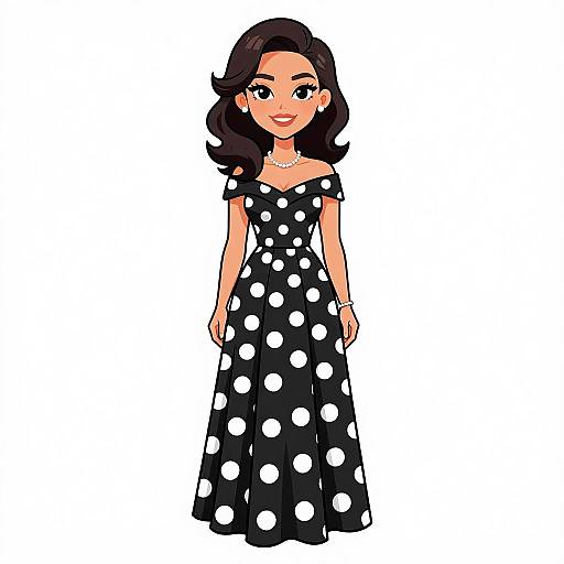Digital drawing of a smiling woman with wavy black hair, wearing a black off-shoulder dress with large white polka dots.